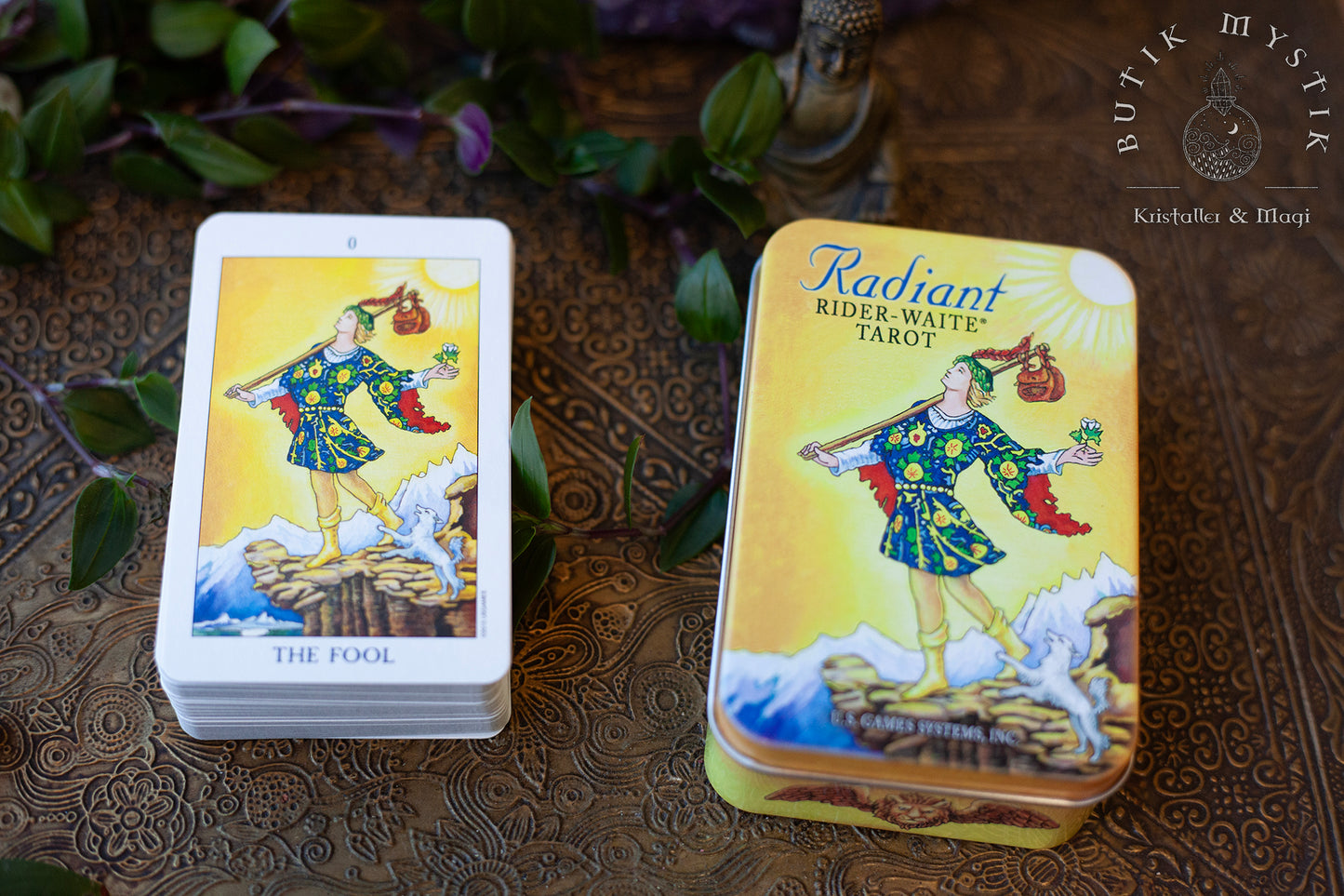 Radiant Raider Waite mini-tarot i plåtask