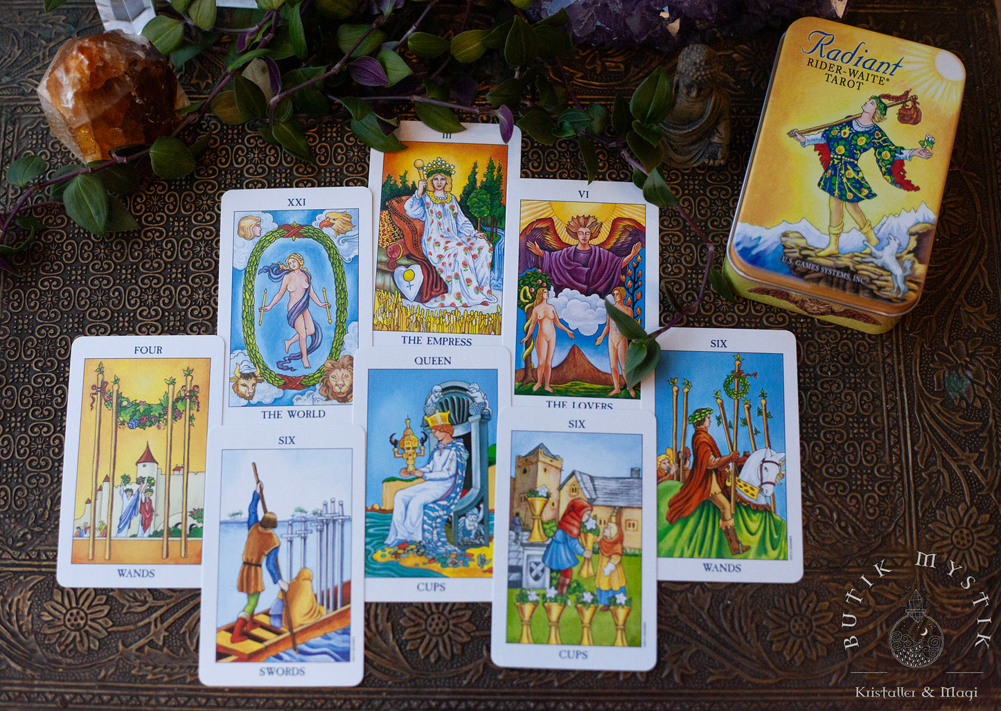 Radiant Raider Waite mini-tarot i plåtask