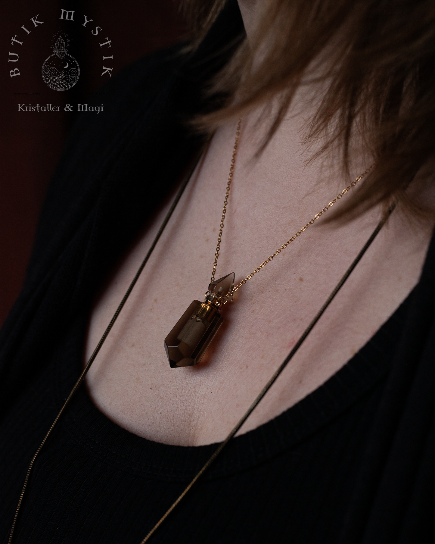 Halsband med flaska i kristall - Rökkvarts