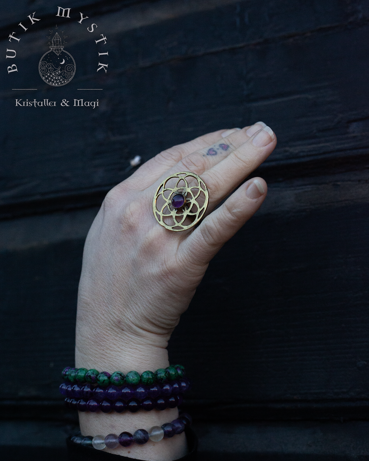 Ring i mässing - Flower of Life med Ametist