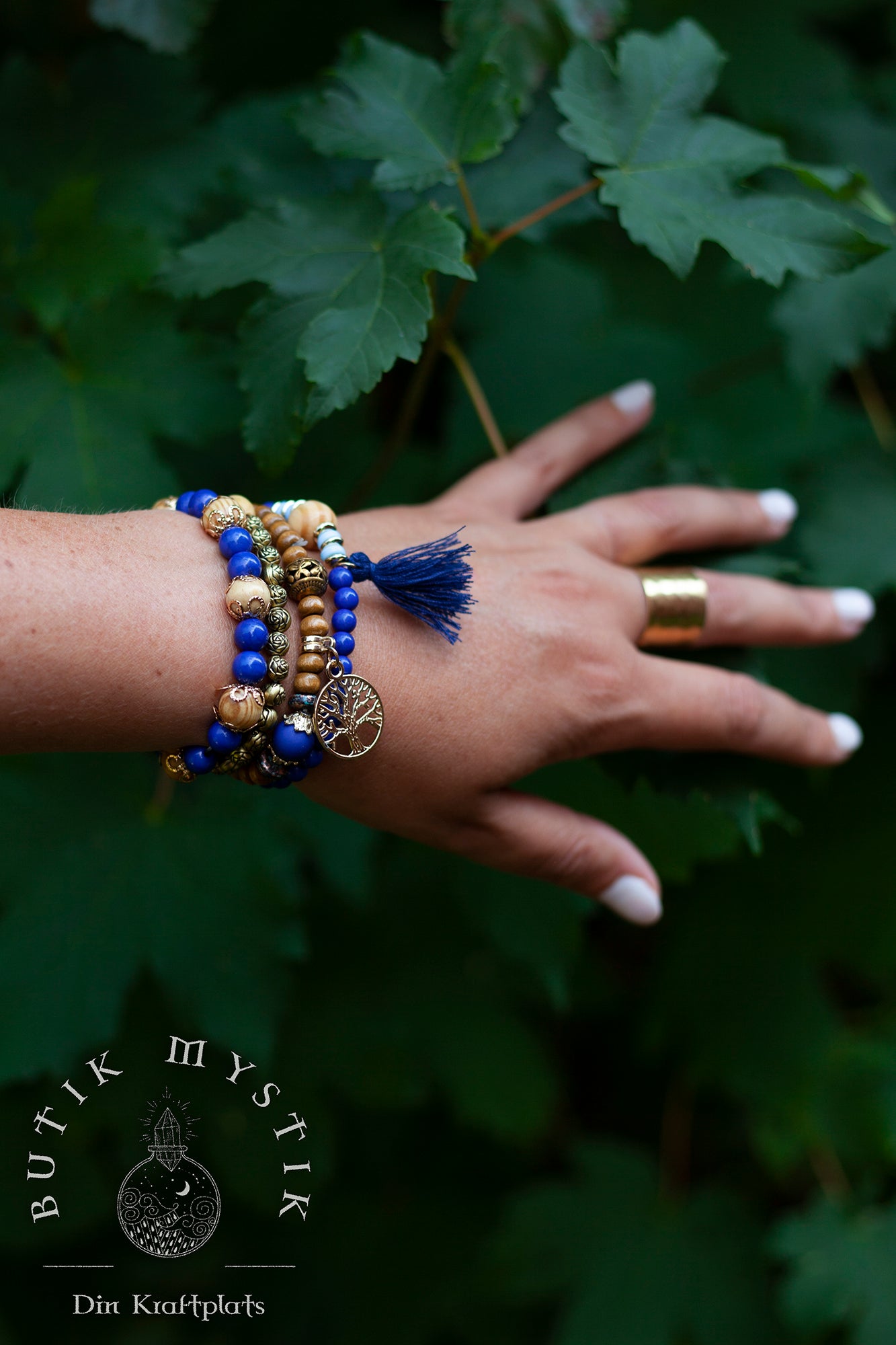 Boho armband i trä och mässing - Blå