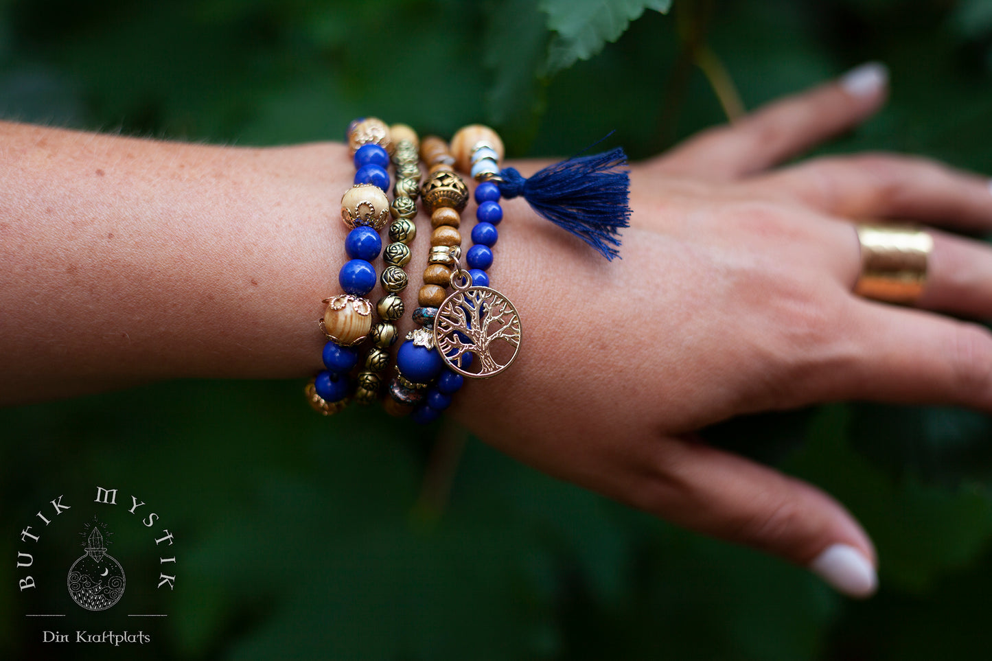 Boho armband i trä och mässing - Blå
