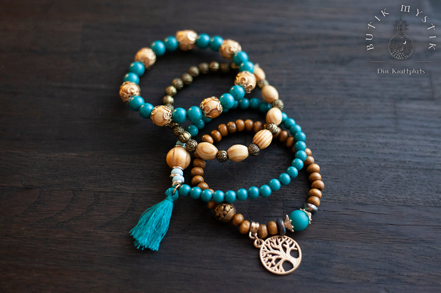 Boho armband i trä och mässing - Turkos blå