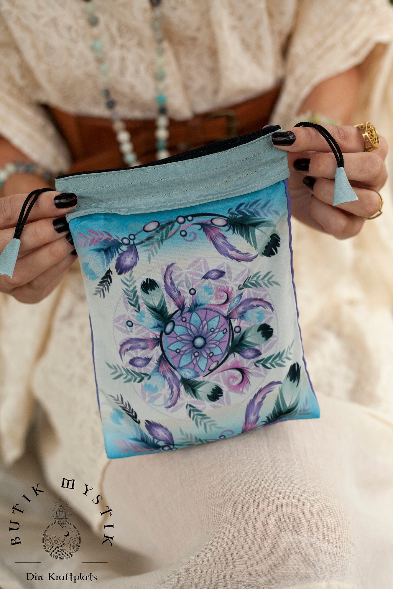 Tarotkortspåse i satin - Fjädrar