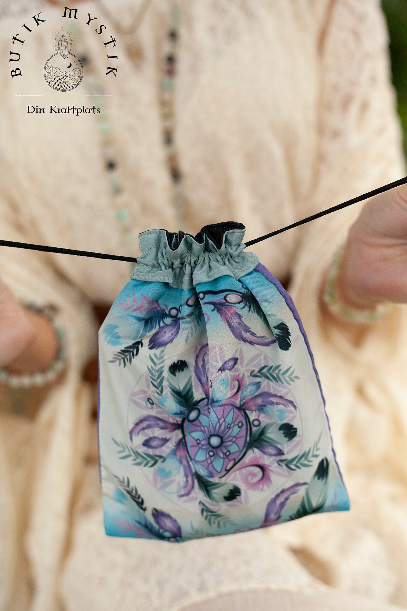 Tarotkortspåse i satin - Fjädrar