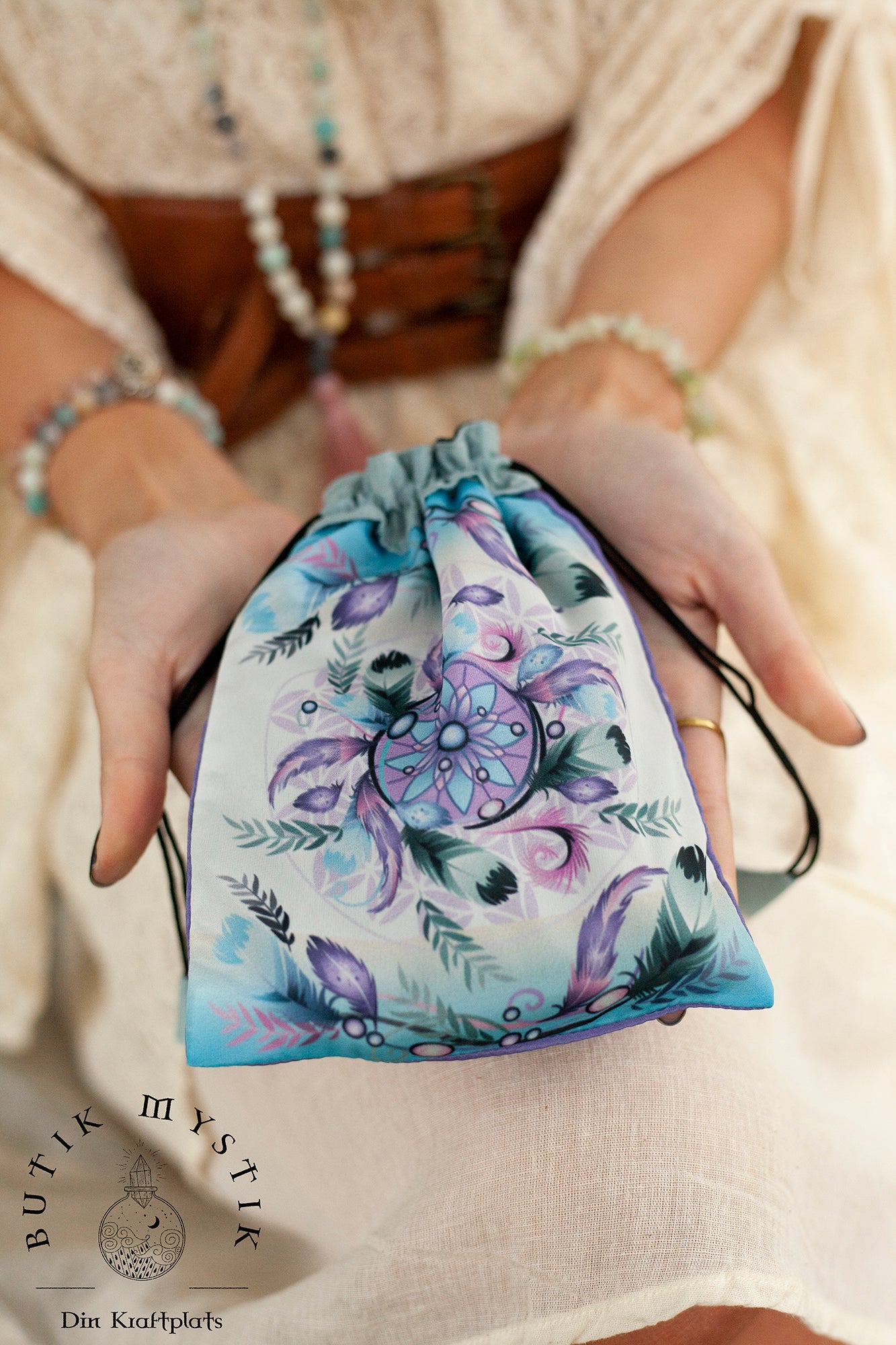 Tarotkortspåse i satin - Fjädrar