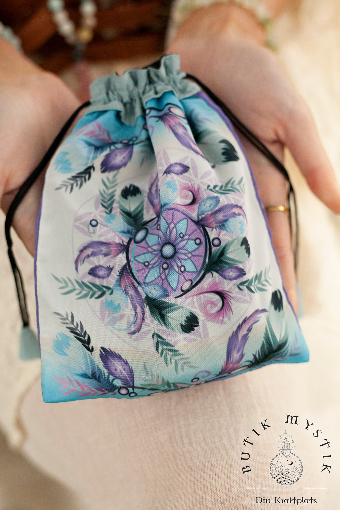 Tarotkortspåse i satin - Fjädrar