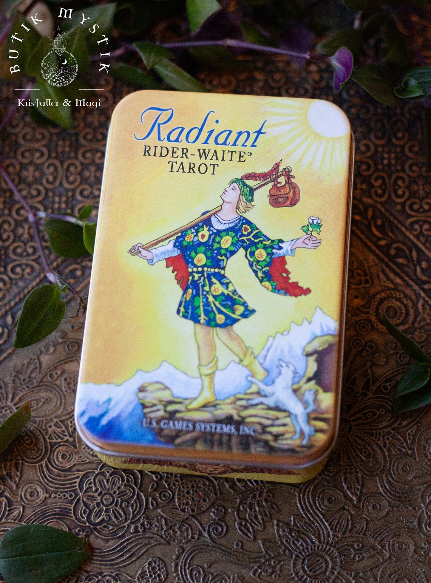Radiant Raider Waite mini-tarot i plåtask