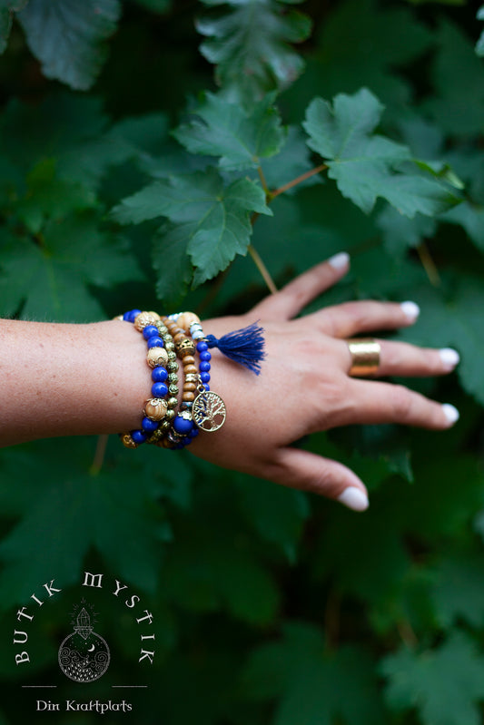 Boho armband i trä och mässing - Blå